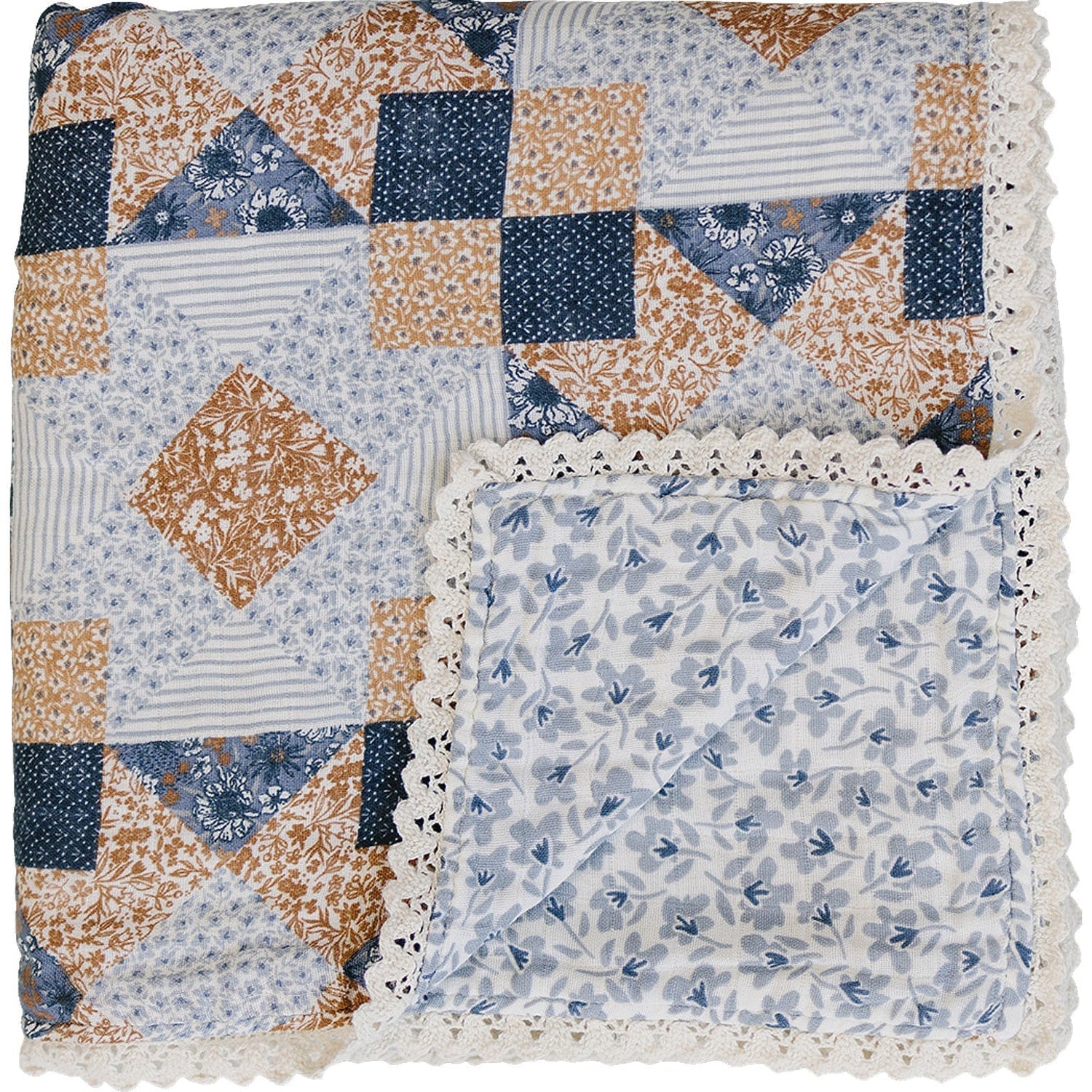 Mebie Baby Patchwork Print Blue Blossom Lace Muslin Quilt With Lace Edges - 