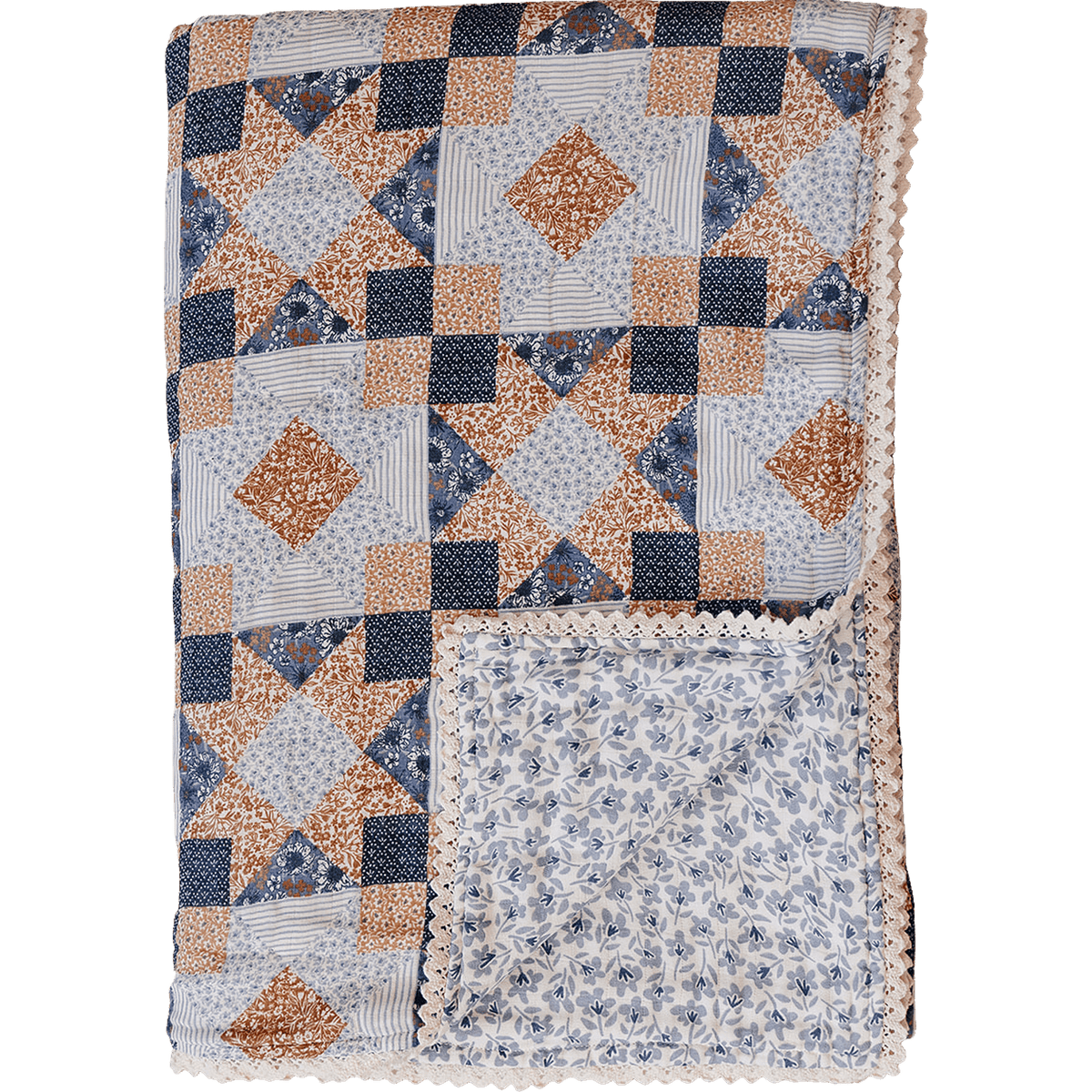 Mebie Baby Patchwork Print + Blue Blossom Lace Twin Muslin Quilt - 
