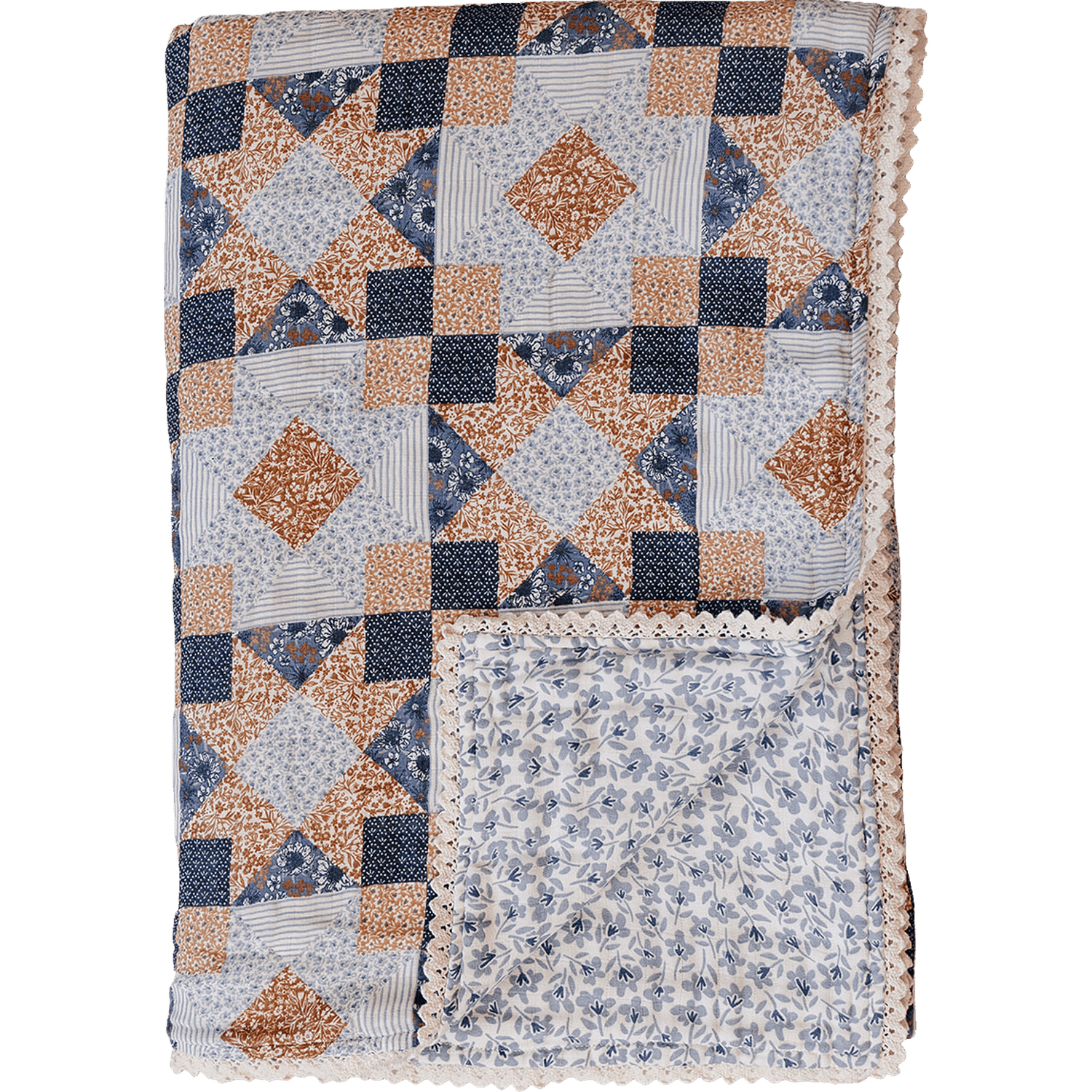 Mebie Baby Patchwork Print + Blue Blossom Lace Twin Muslin Quilt - 