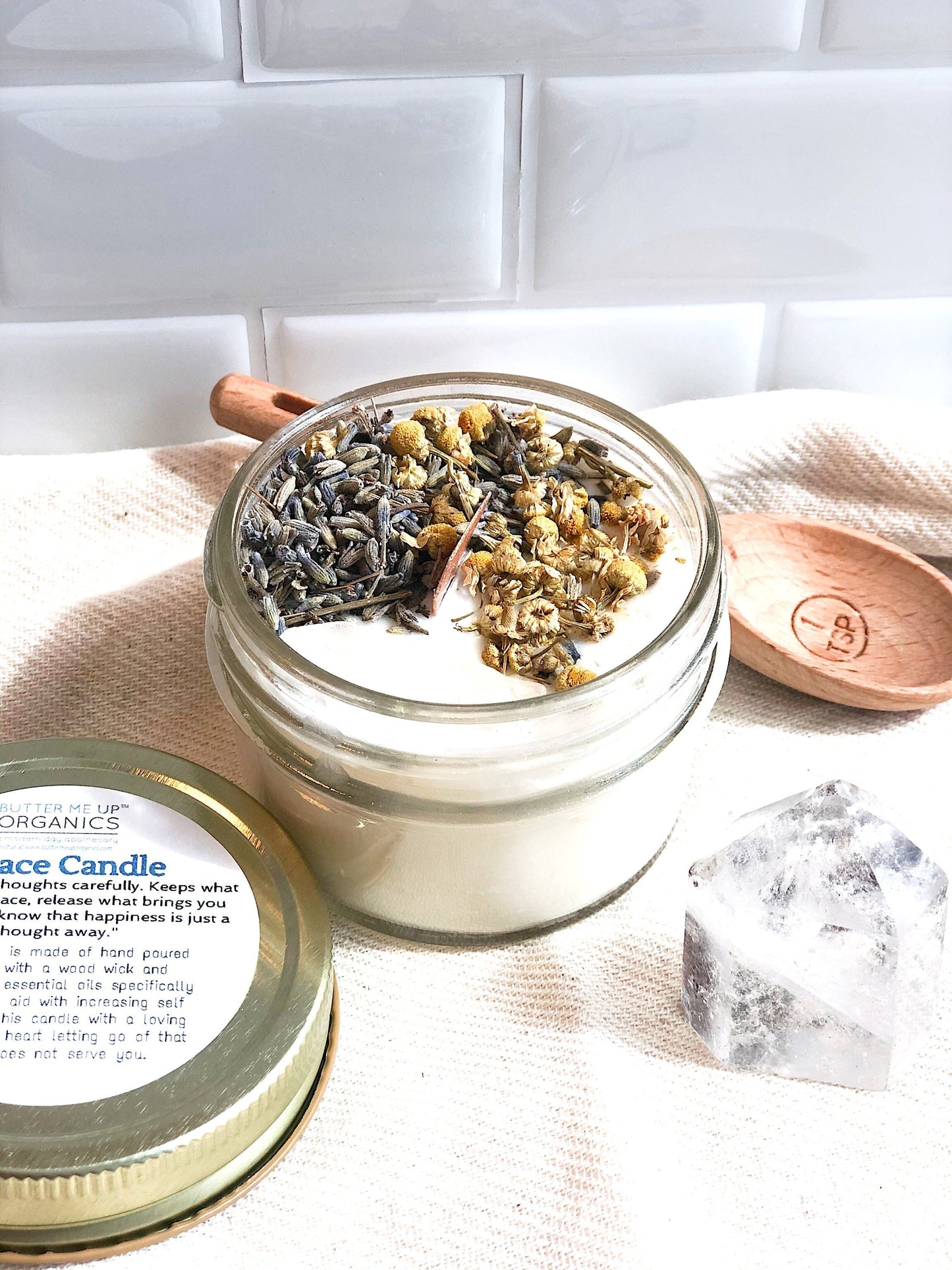 Serenity Organic Soy Wax Candle with Wood Wick and Essential Oils for Peace and Calm 4 Ounce Butter Me Up Organics