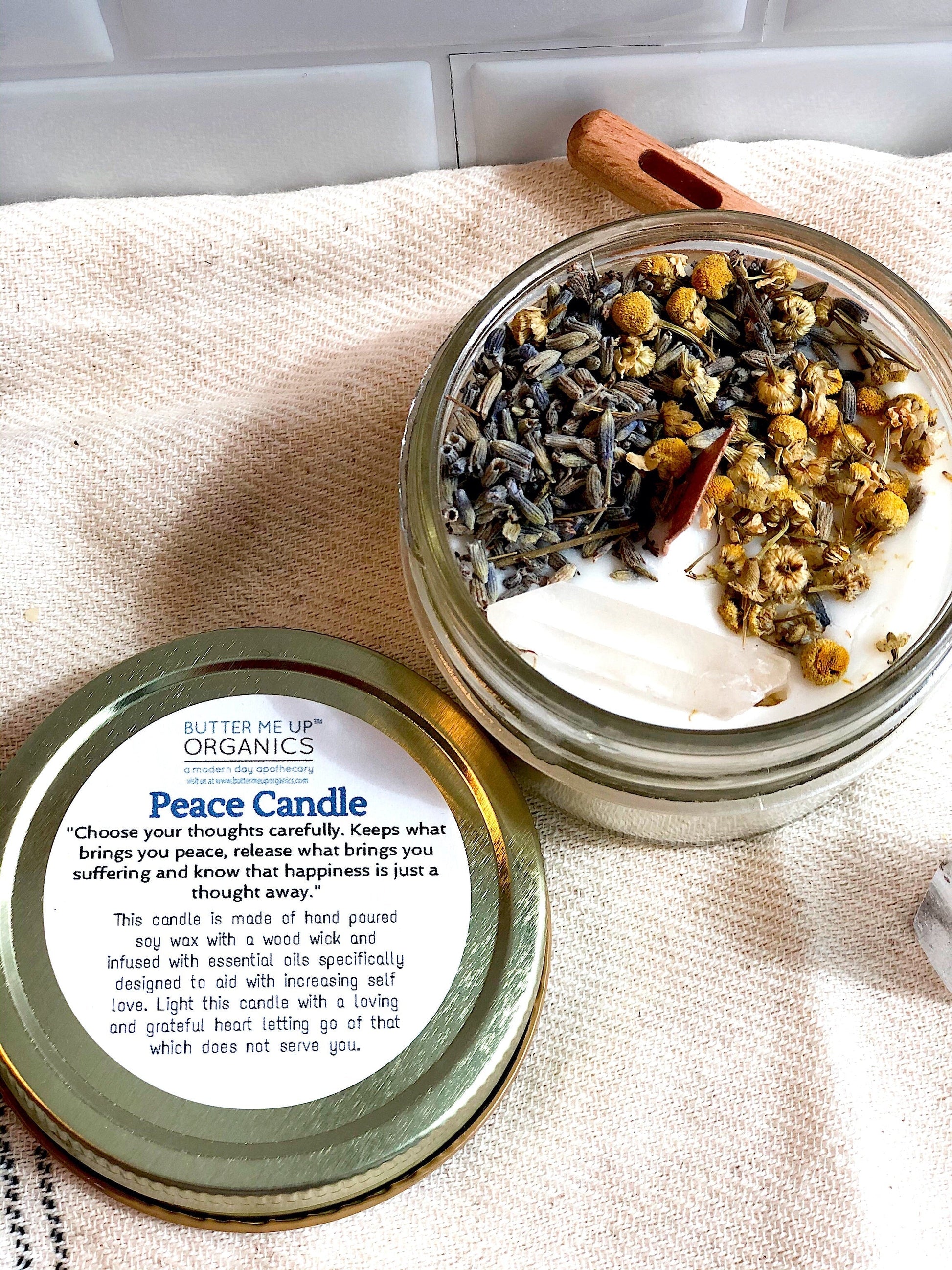 Serenity Organic Soy Wax Candle with Wood Wick and Essential Oils for Peace and Calm 4 Ounce Butter Me Up Organics