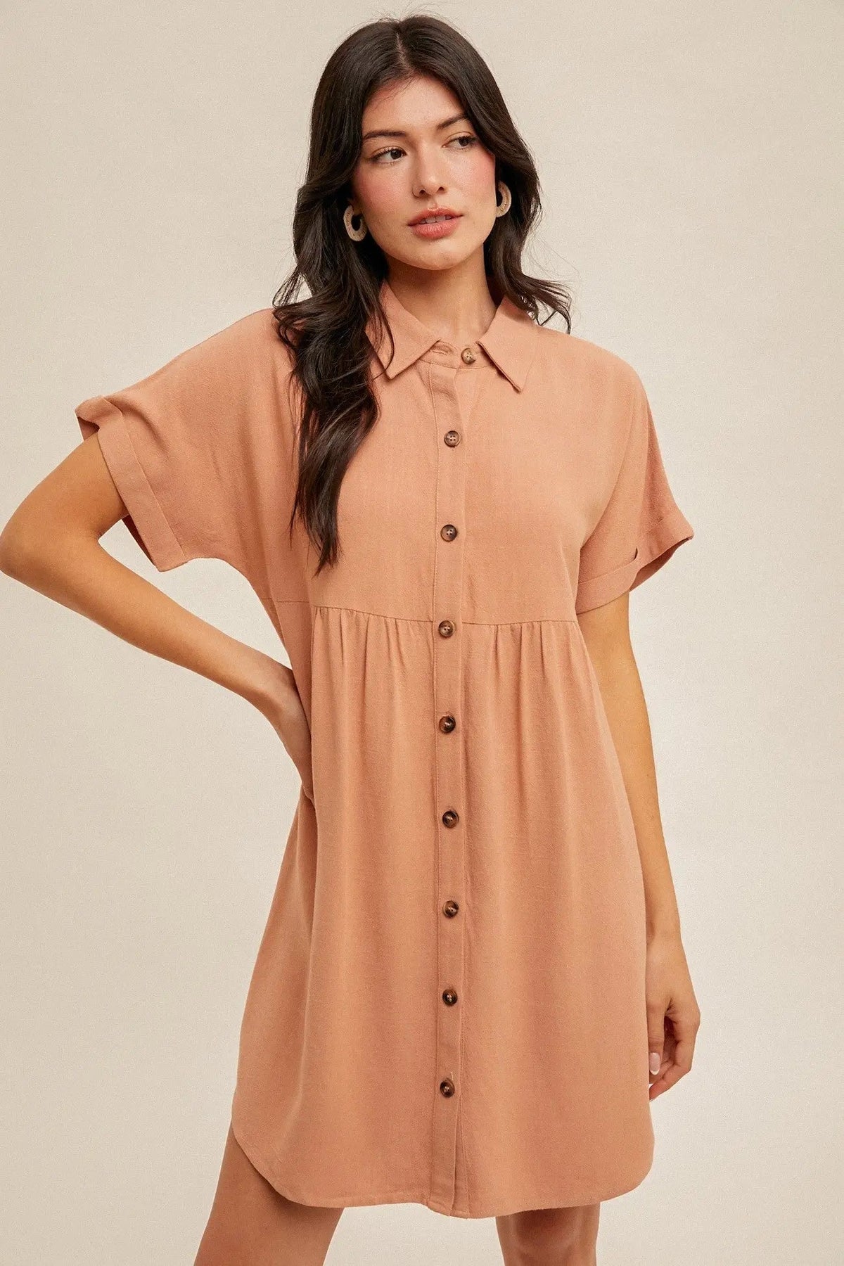 Peach Dolman Sleeve Linen Shirt Dress - Brown, Person, Dress | Everetts Place