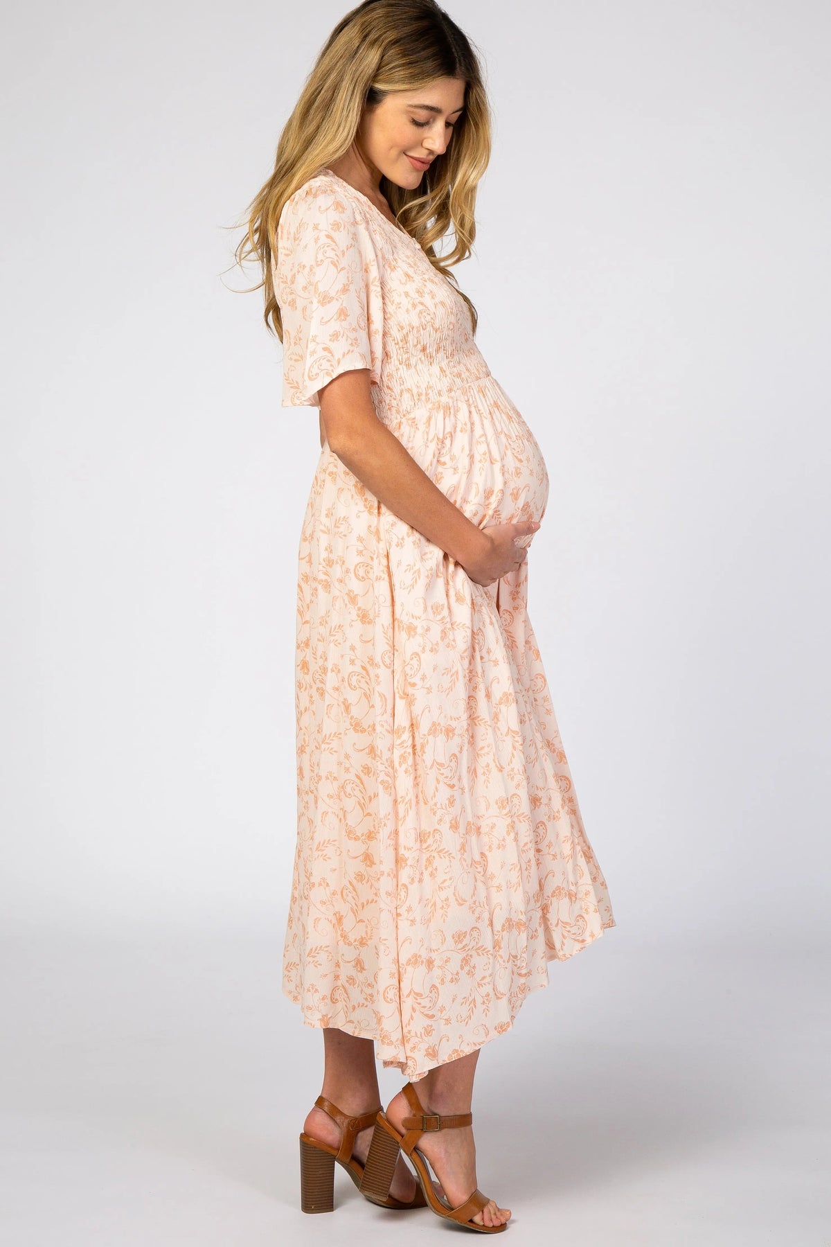 PinkBlush Peach Floral Button Front Smocked Maternity Midi Dress - 