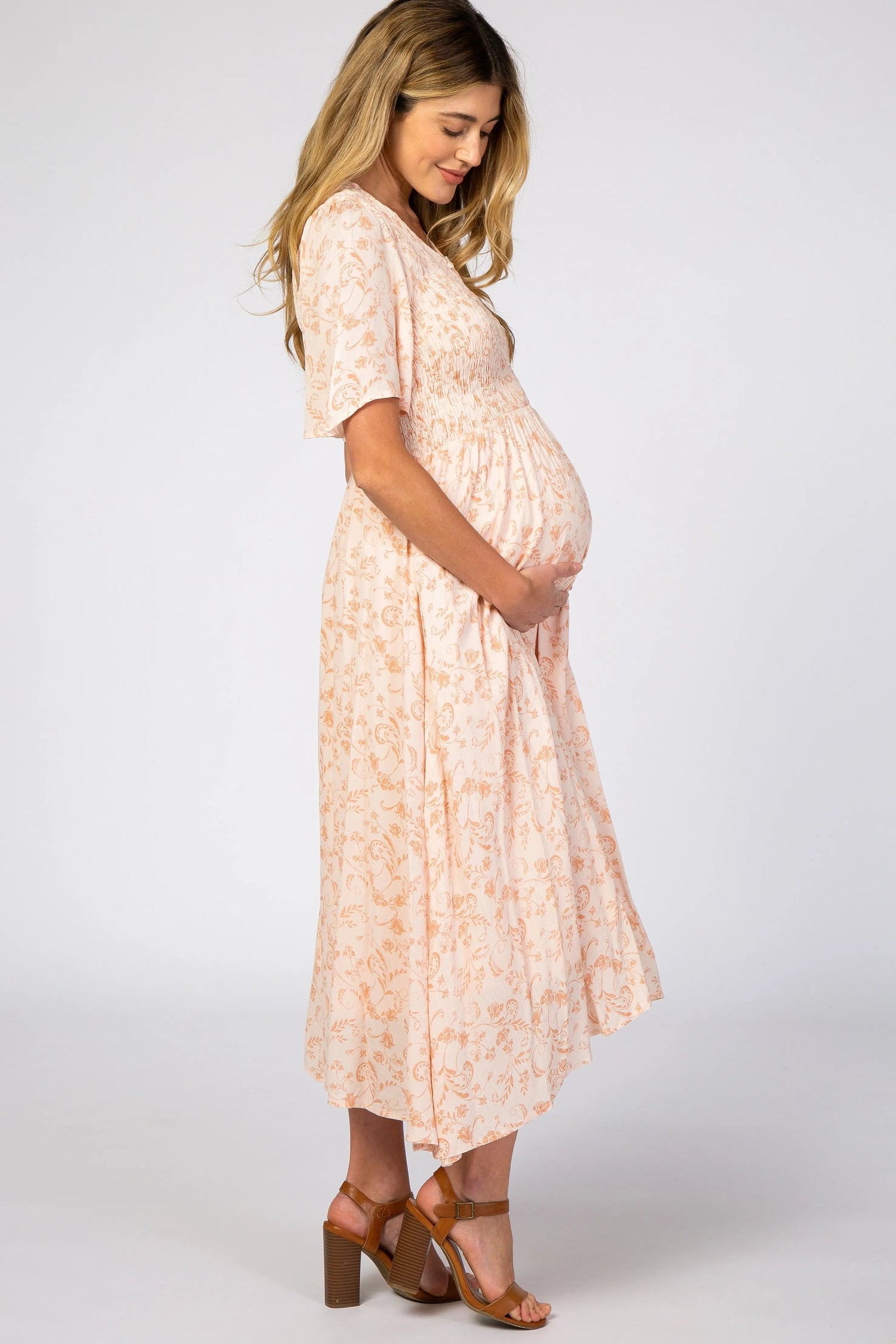 PinkBlush Peach Floral Button Front Smocked Maternity Midi Dress - 
