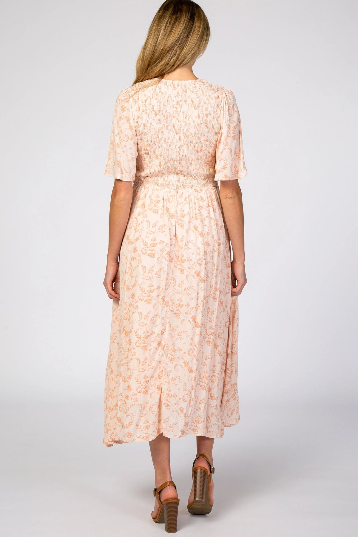 PinkBlush Peach Floral Button Front Smocked Maternity Midi Dress - 
