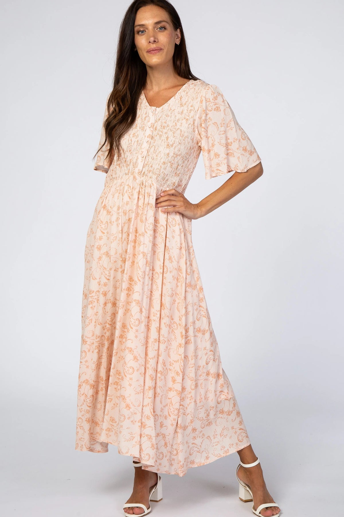 PinkBlush Peach Floral Button Front Smocked Maternity Midi Dress - 