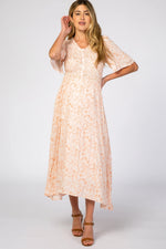 Peach Floral Button Front Smocked Maternity Midi Dress - Day Dress, Pink, One-piece garment, Pattern, Embellishment | Everetts Place