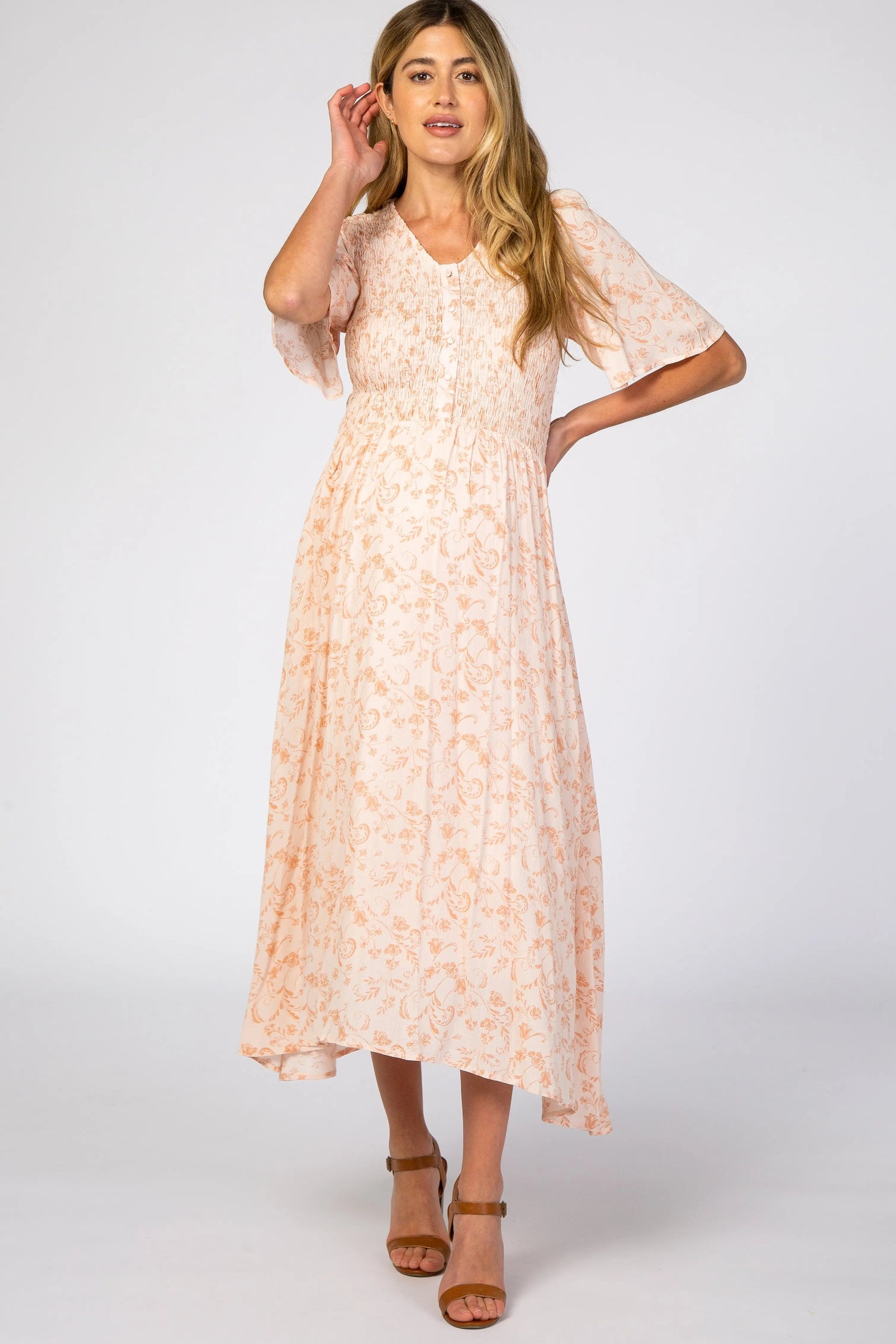 Peach Floral Button Front Smocked Maternity Midi Dress - Day Dress, Pink, One-piece garment, Pattern, Embellishment | Everetts Place