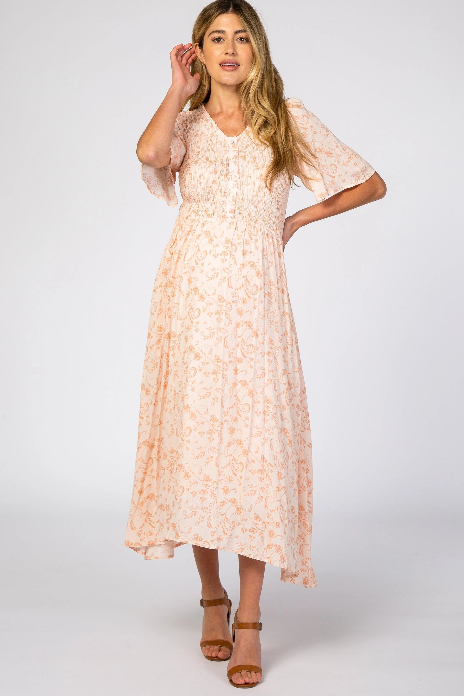 Peach Floral Button Front Smocked Maternity Midi Dress - Day Dress, Pink, One-piece garment, Pattern, Embellishment | Everetts Place