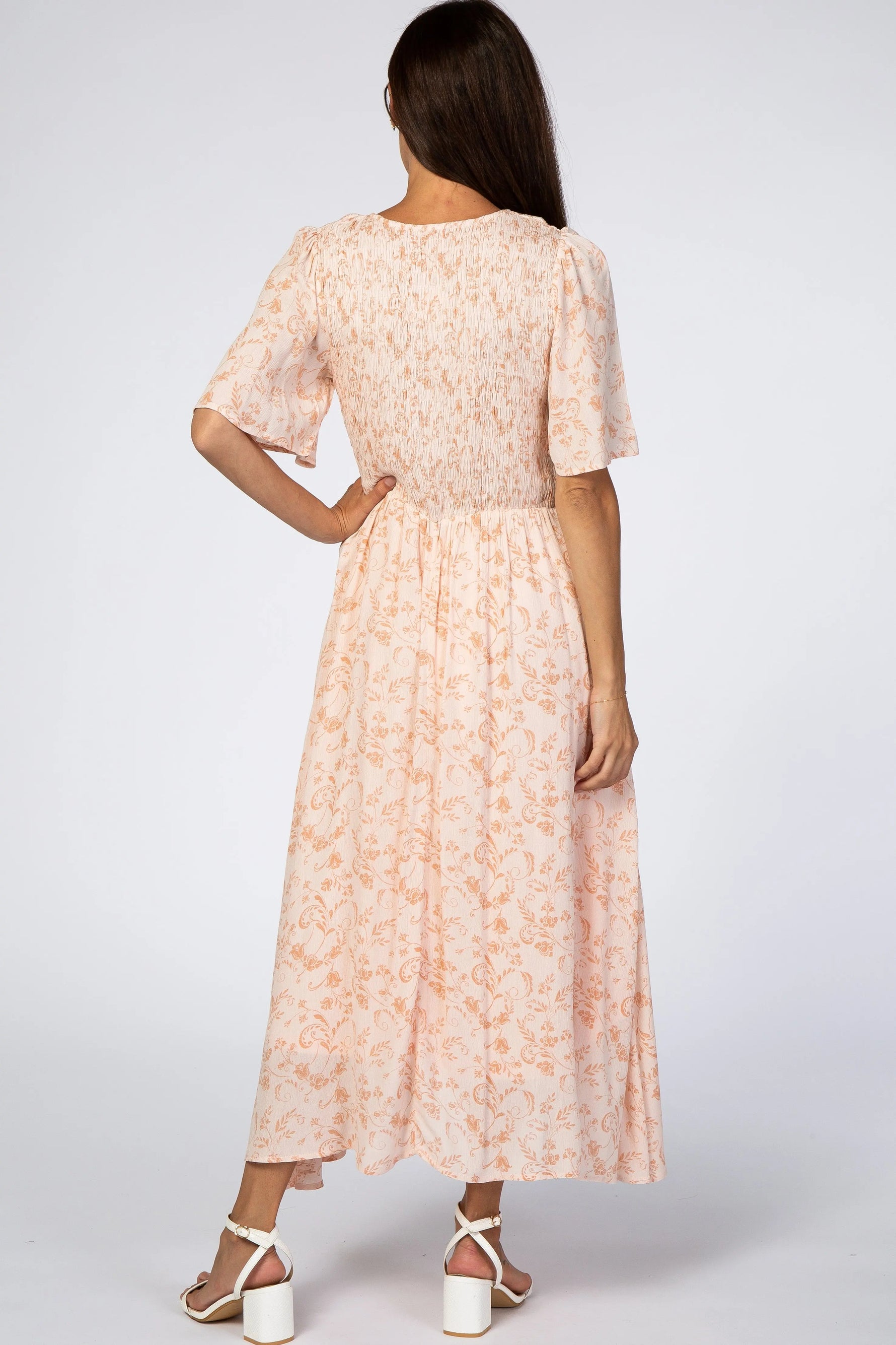 PinkBlush Peach Floral Button Front Smocked Midi Dress - 