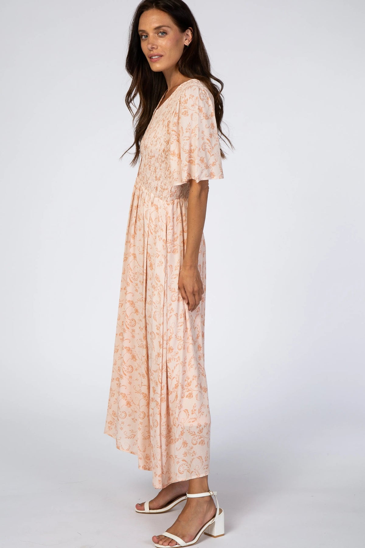 PinkBlush Peach Floral Button Front Smocked Midi Dress - 