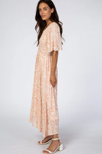 PinkBlush Peach Floral Button Front Smocked Midi Dress - 