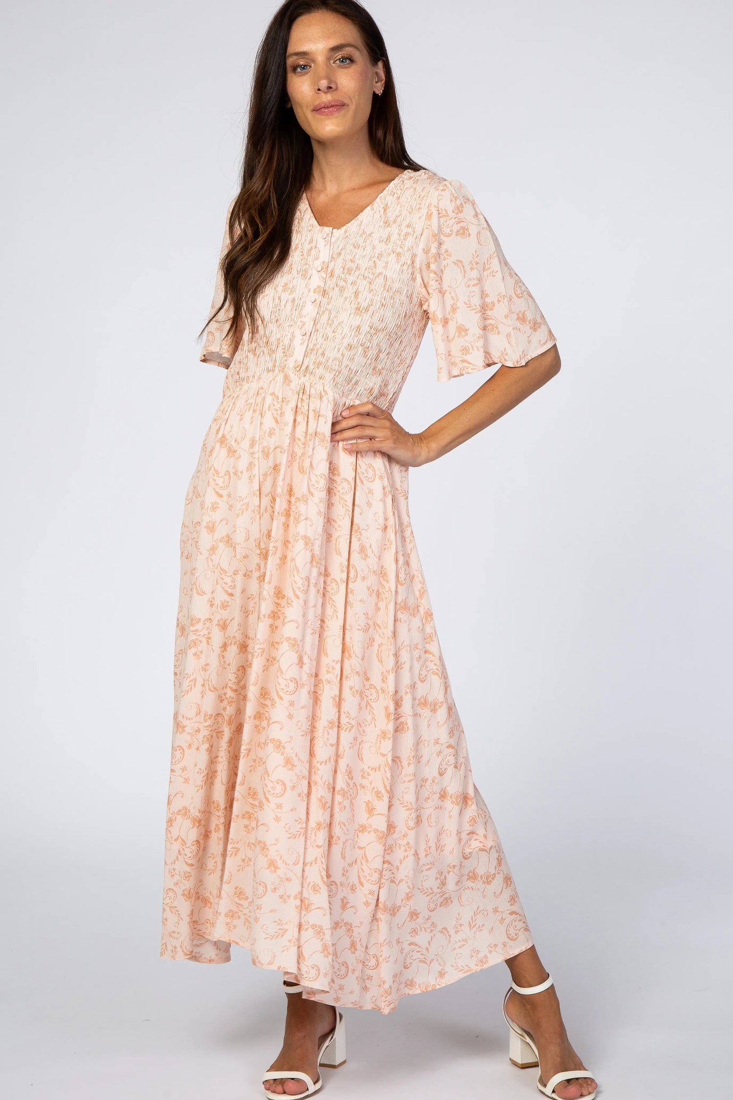 Peach Floral Button Front Smocked Midi Dress - Day Dress, Dress, Person, Sandal, Shoe | Everetts Place