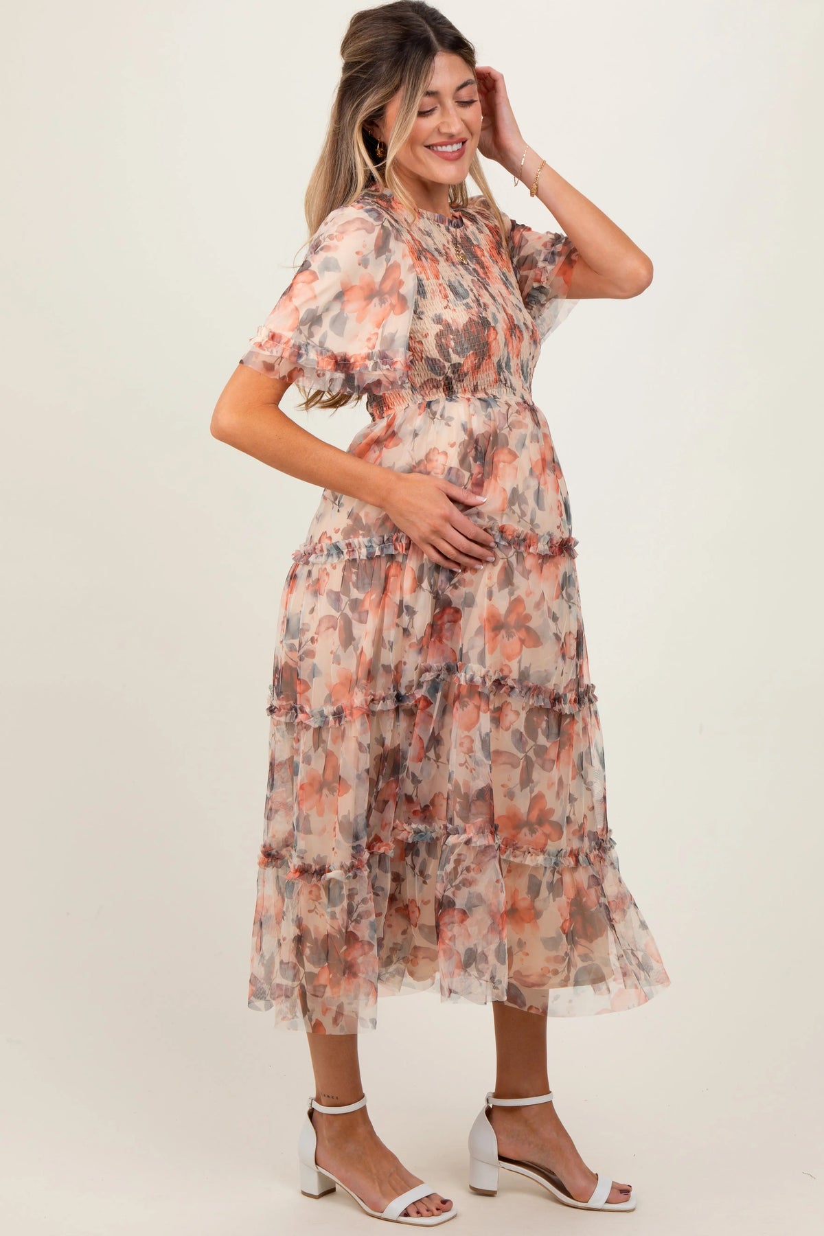 PinkBlush Peach Floral Mesh Smocked Maternity Midi Dress - 