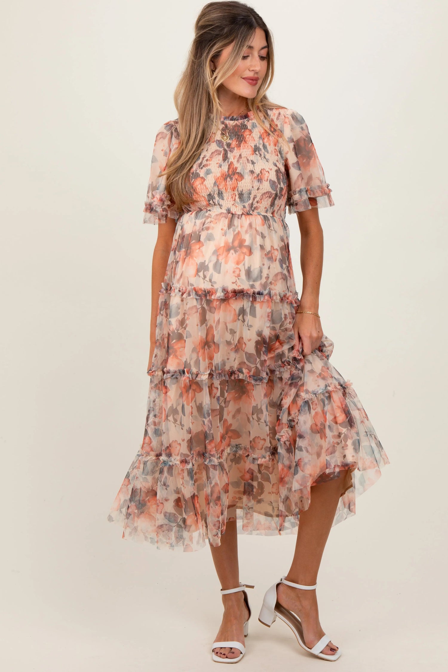 PinkBlush Peach Floral Mesh Smocked Maternity Midi Dress - 