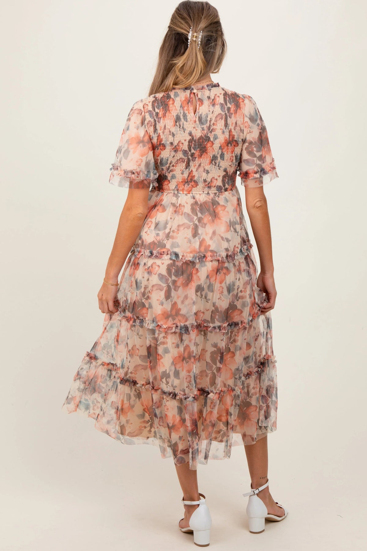 PinkBlush Peach Floral Mesh Smocked Maternity Midi Dress - 