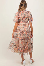 PinkBlush Peach Floral Mesh Smocked Maternity Midi Dress - 