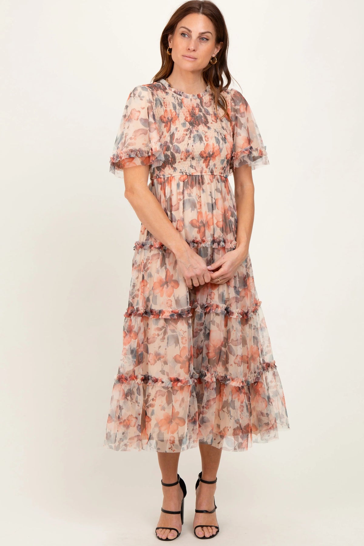 PinkBlush Peach Floral Mesh Smocked Midi Dress - 