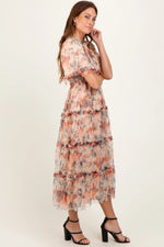 PinkBlush Peach Floral Mesh Smocked Midi Dress - 