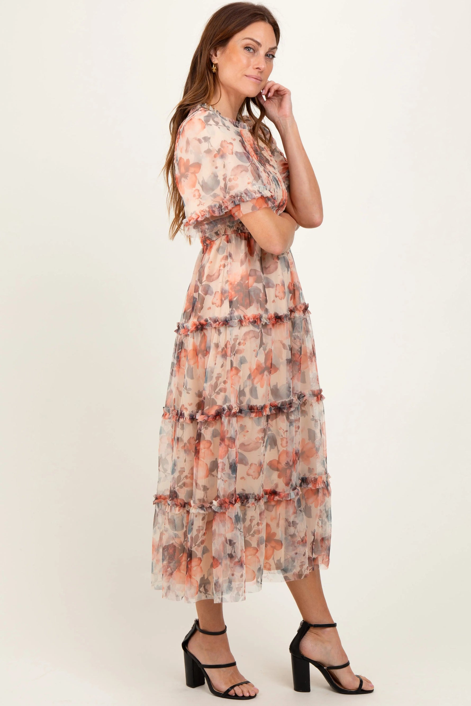 PinkBlush Peach Floral Mesh Smocked Midi Dress - 