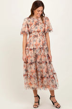 Peach Floral Mesh Smocked Midi Dress - Day Dress, Dress, Person, Sandal, High heels | Everetts Place