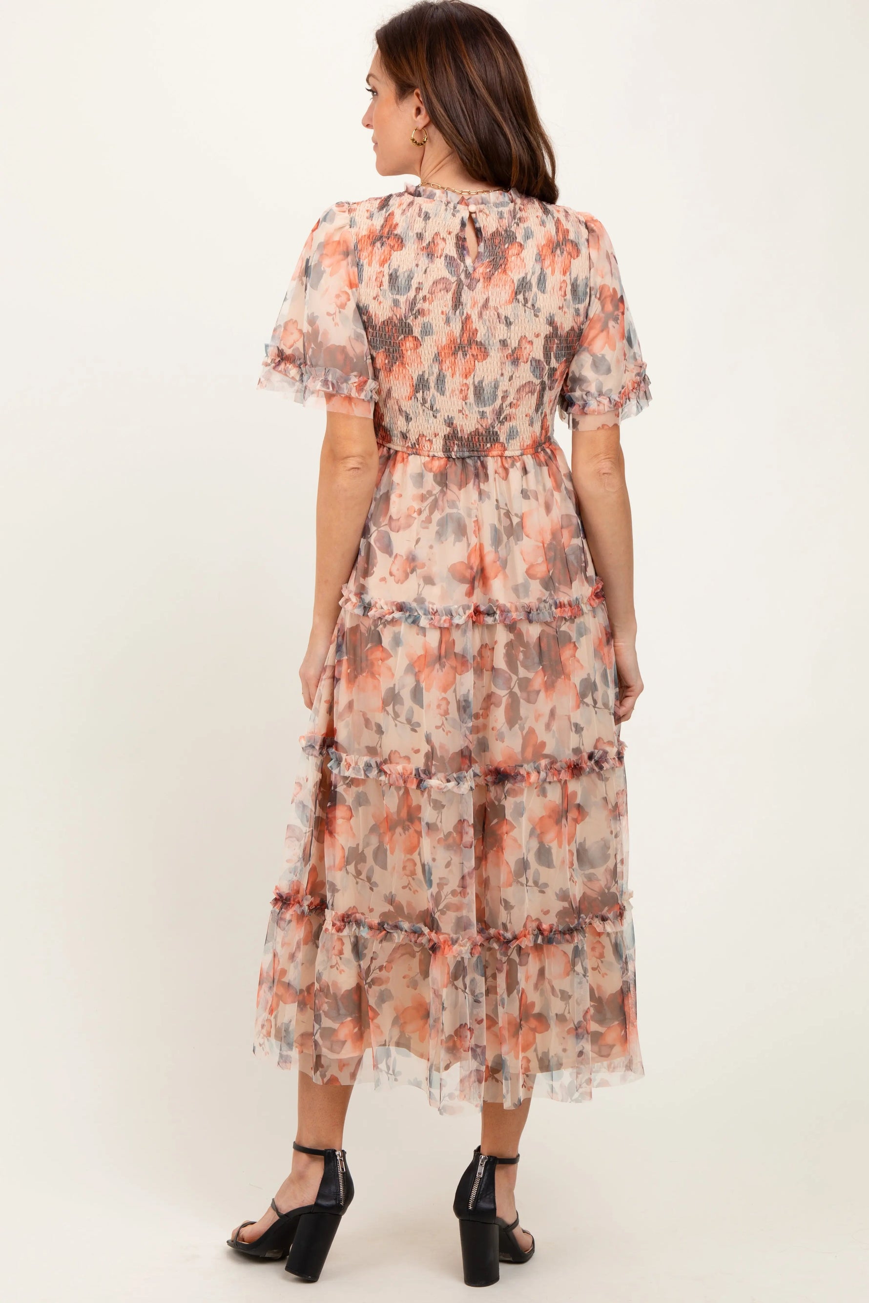PinkBlush Peach Floral Mesh Smocked Midi Dress - 