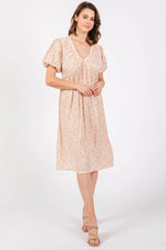 PinkBlush Peach Floral Midi Dress with Puff Sleeves for Stylish Women - 