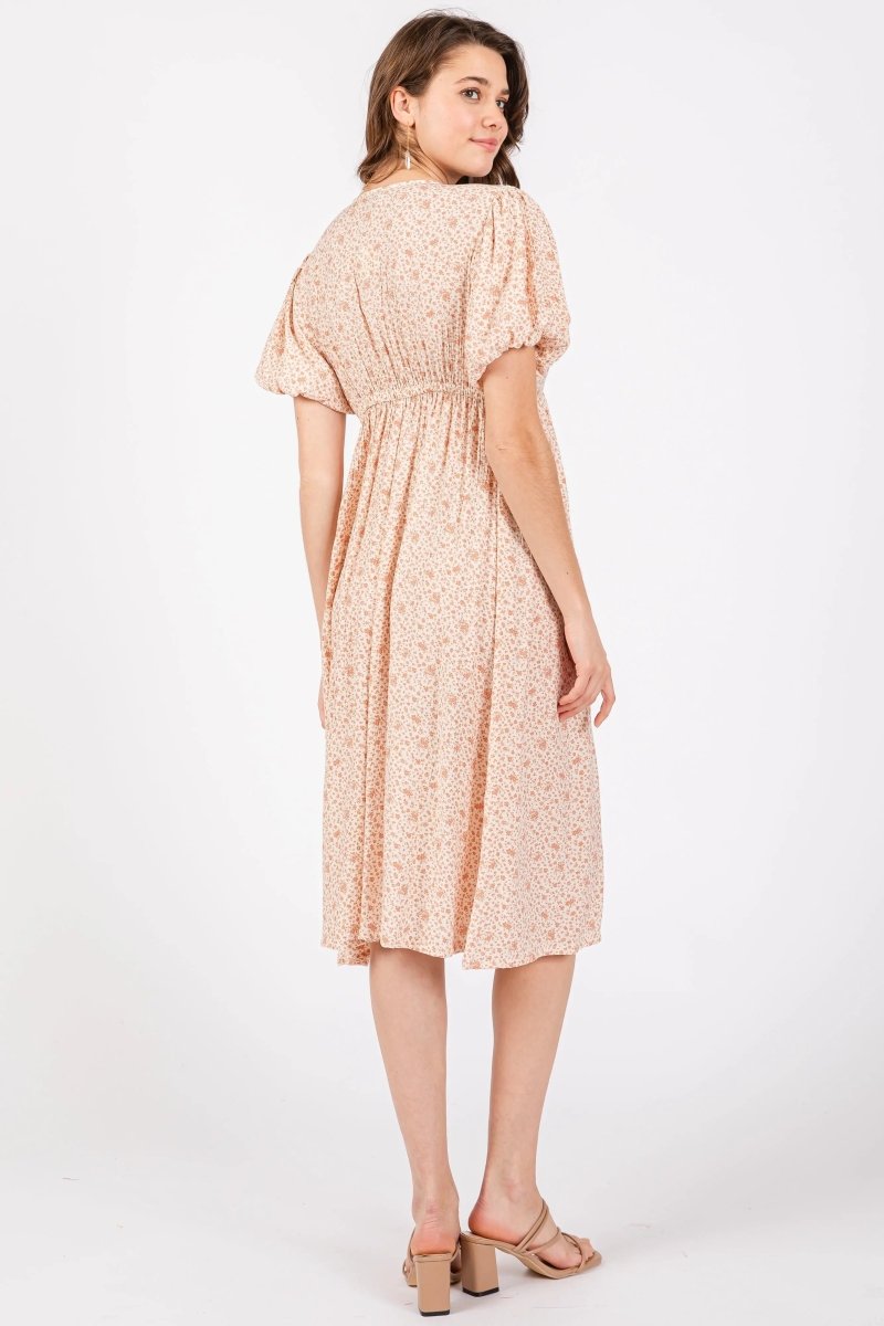 PinkBlush Peach Floral Midi Dress with Puff Sleeves for Stylish Women - 
