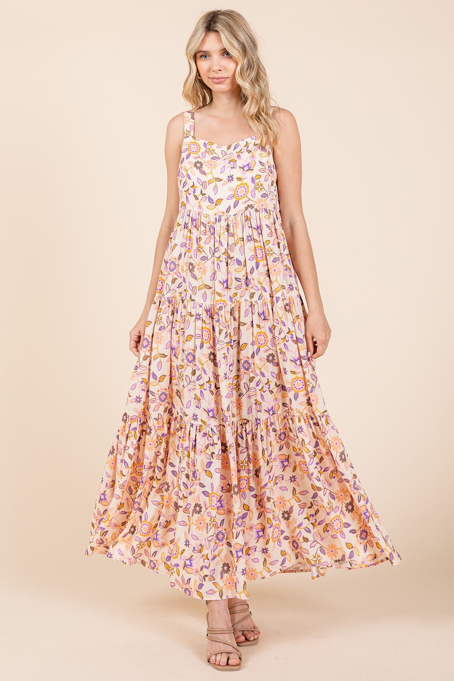 PinkBlush Peach Floral Sleeveless Tiered Maxi Dress