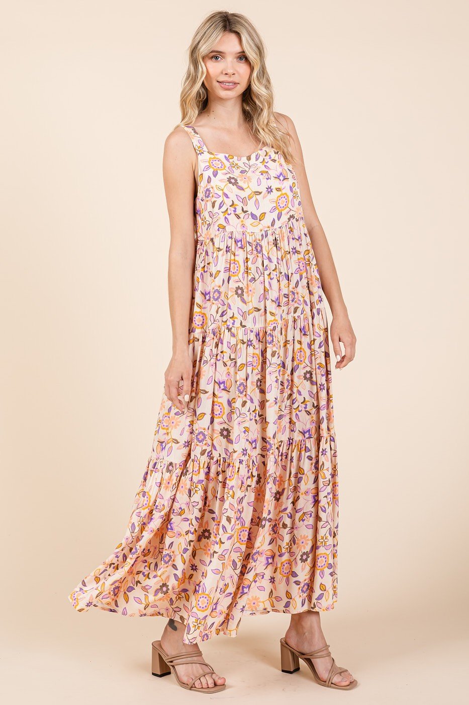 PinkBlush Peach Floral Sleeveless Tiered Maxi Dress