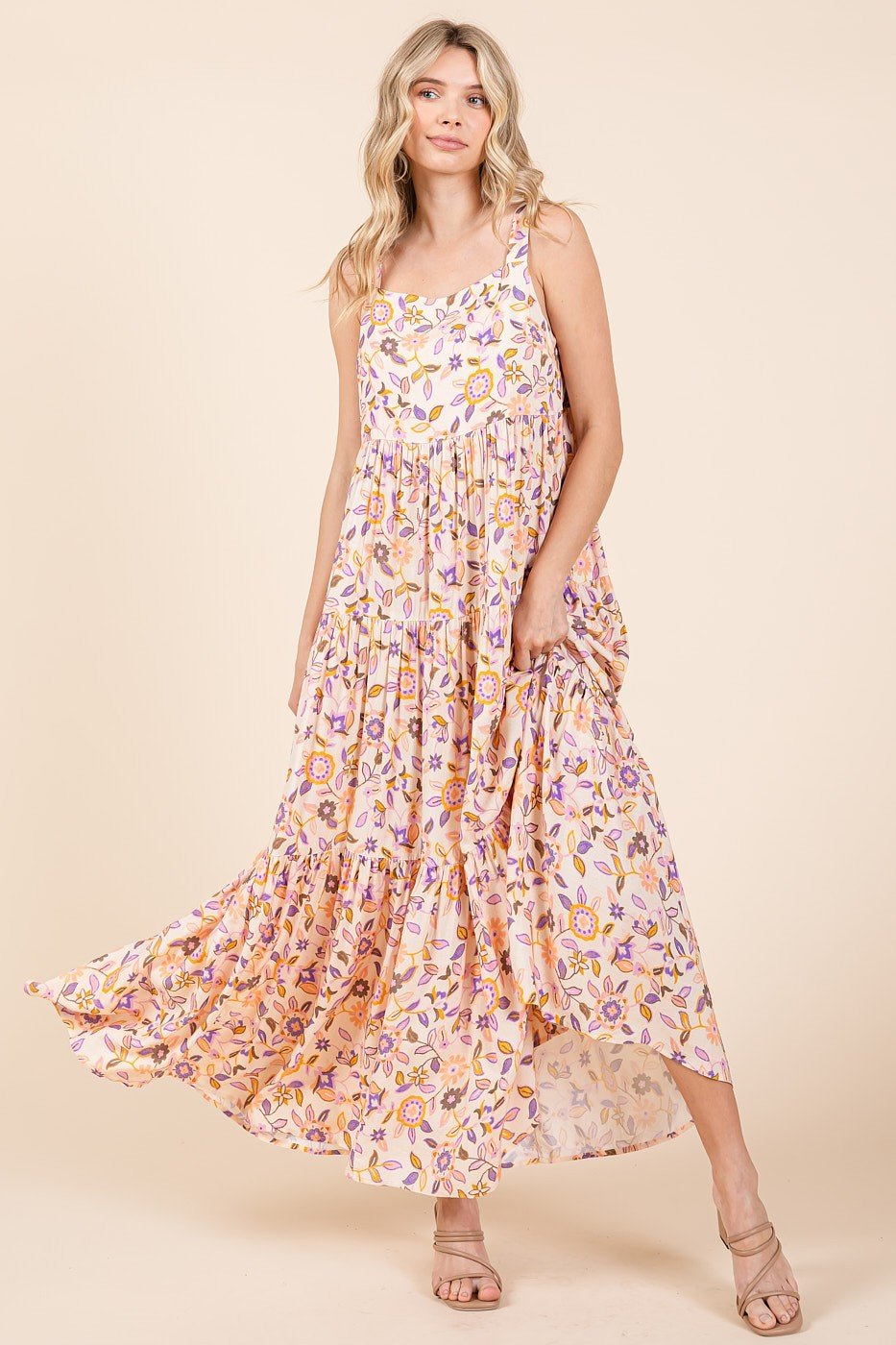 PinkBlush Peach Floral Sleeveless Tiered Maxi Dress