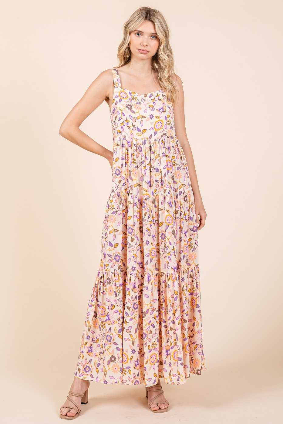 PinkBlush Peach Floral Sleeveless Tiered Maxi Dress