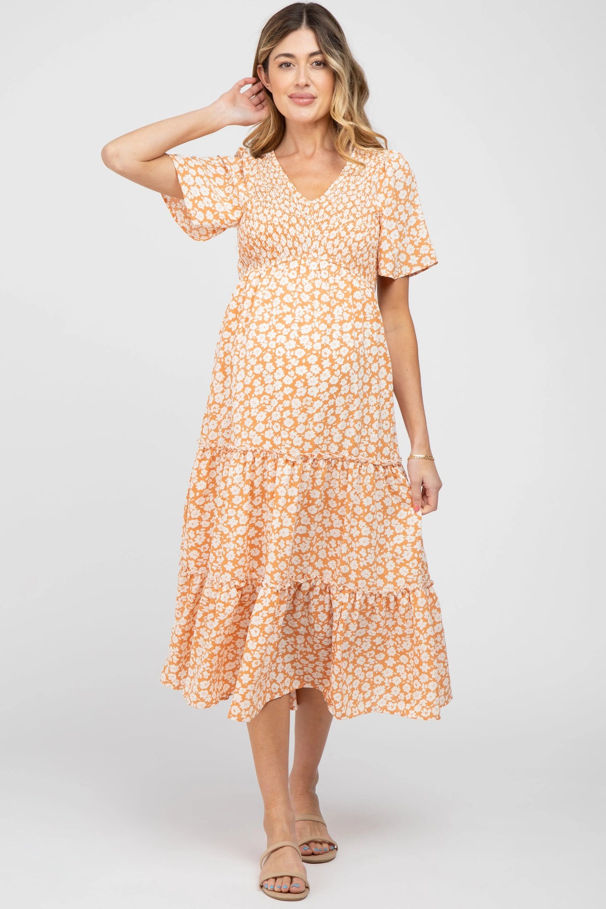 Peach Floral Tiered Maternity Midi Dress - Day Dress, One-piece garment, Person, Dress, Sandal | Everetts Place