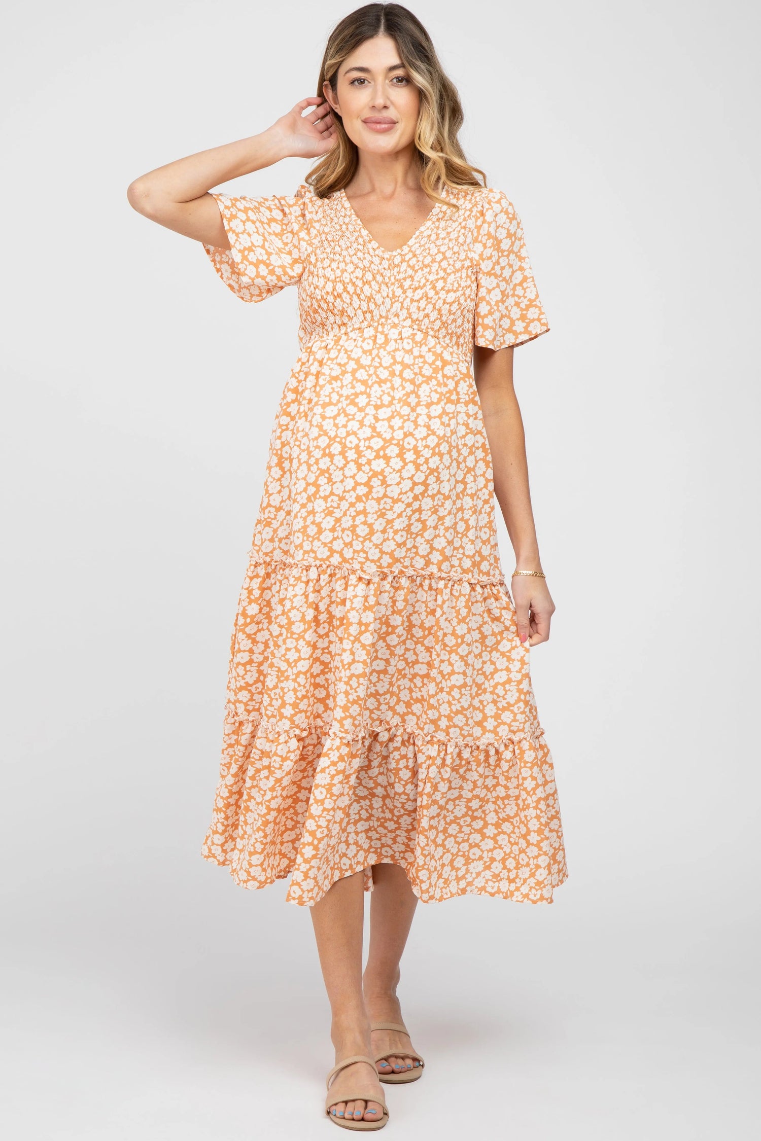 Peach Floral Tiered Maternity Midi Dress - Day Dress, One-piece garment, Person, Dress, Sandal | Everetts Place