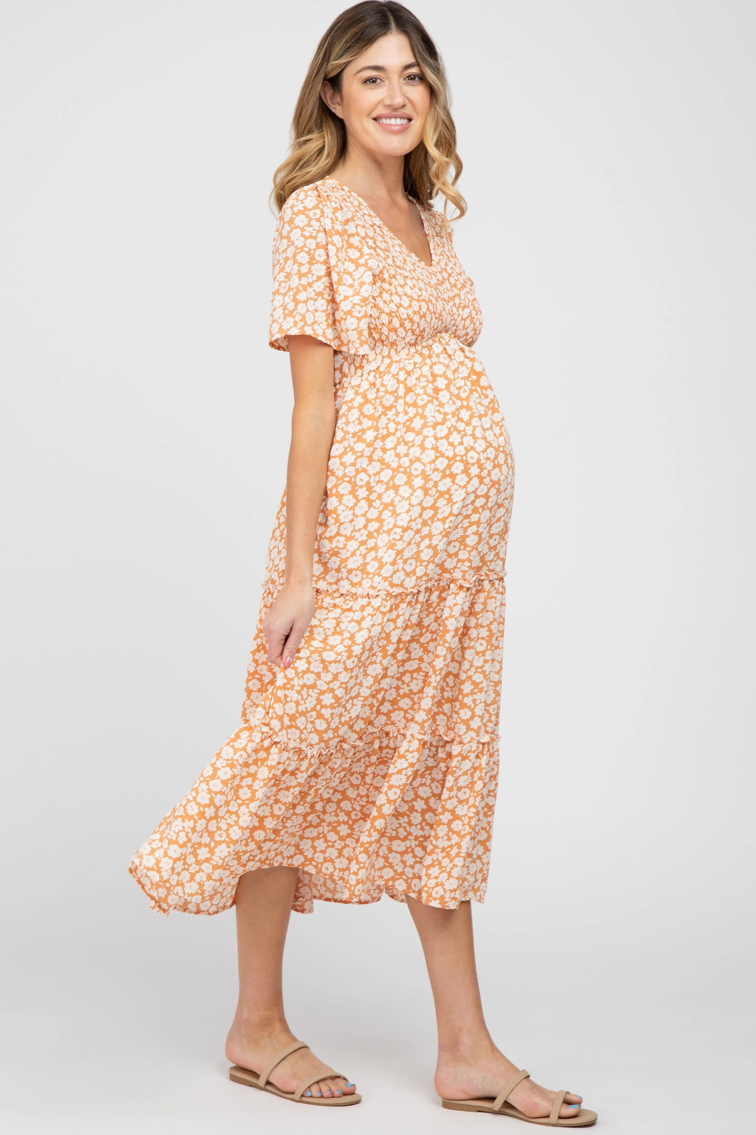 PinkBlush Peach Floral Tiered Maternity Midi Dress - 