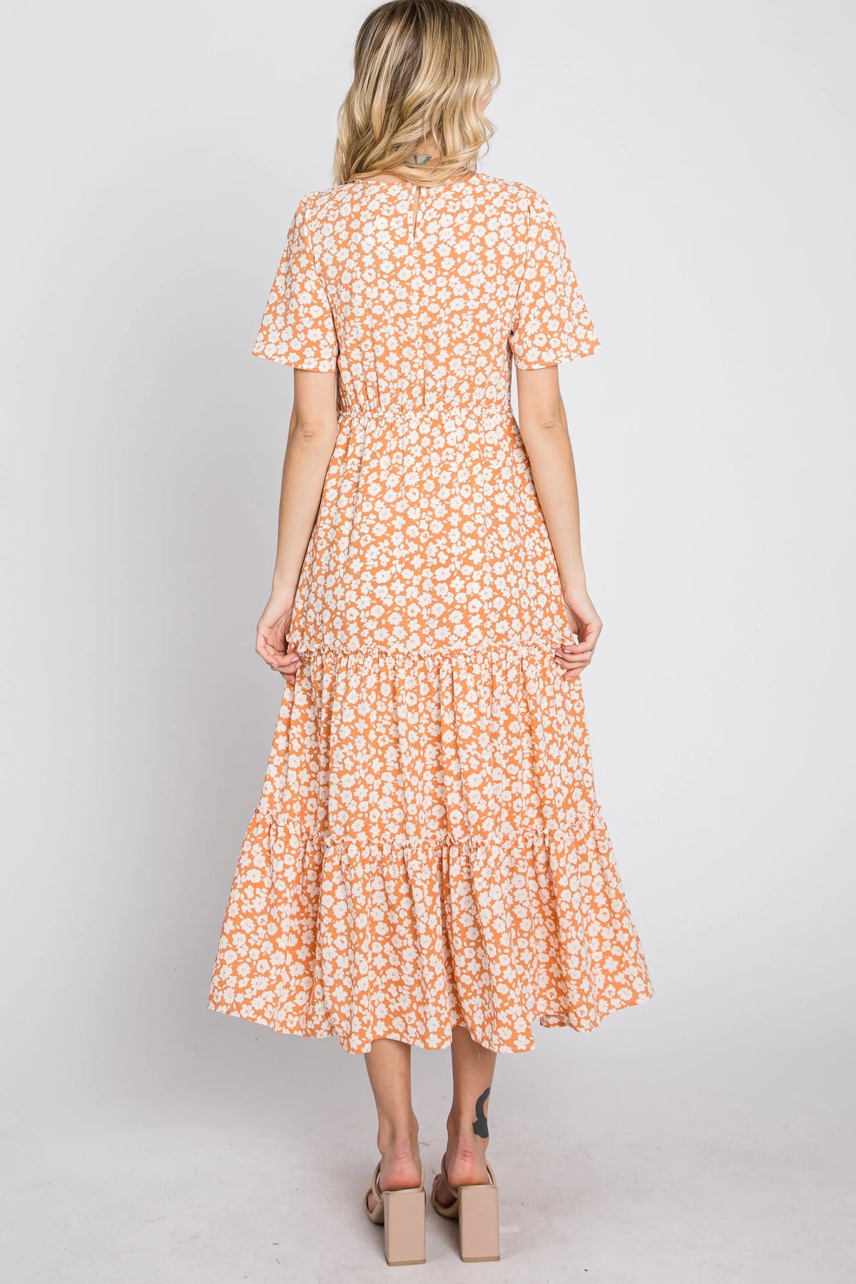 PinkBlush Peach Floral Tiered Midi Dress - 