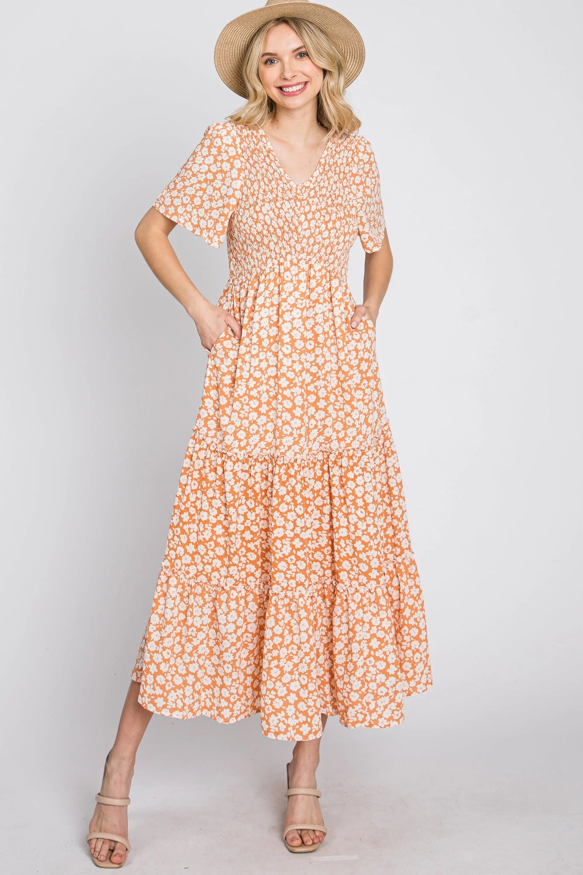 PinkBlush Peach Floral Tiered Midi Dress - 