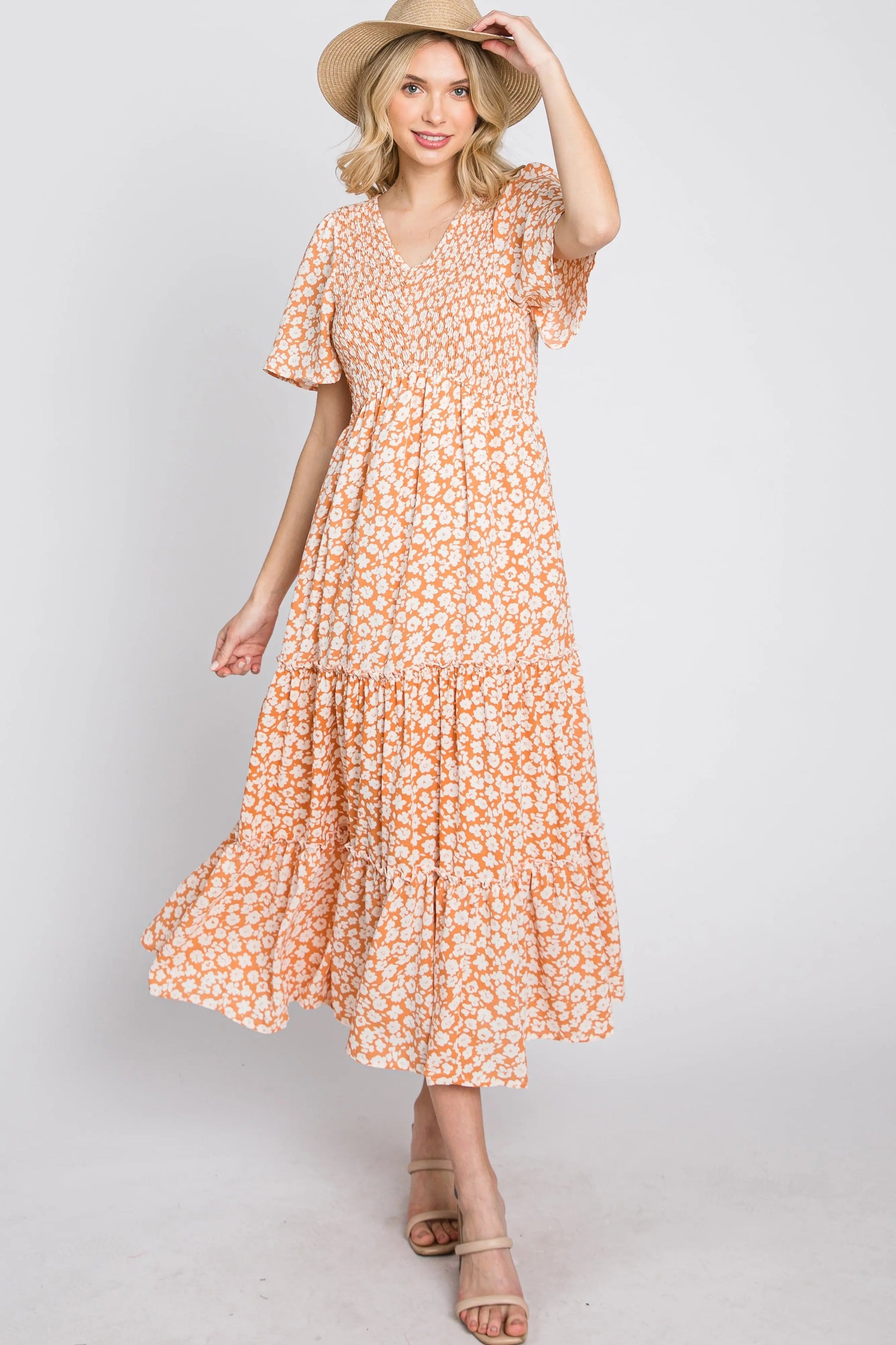 Peach Floral Tiered Midi Dress - Day Dress, One-piece garment, Dress, Person, Sun hat | Everetts Place
