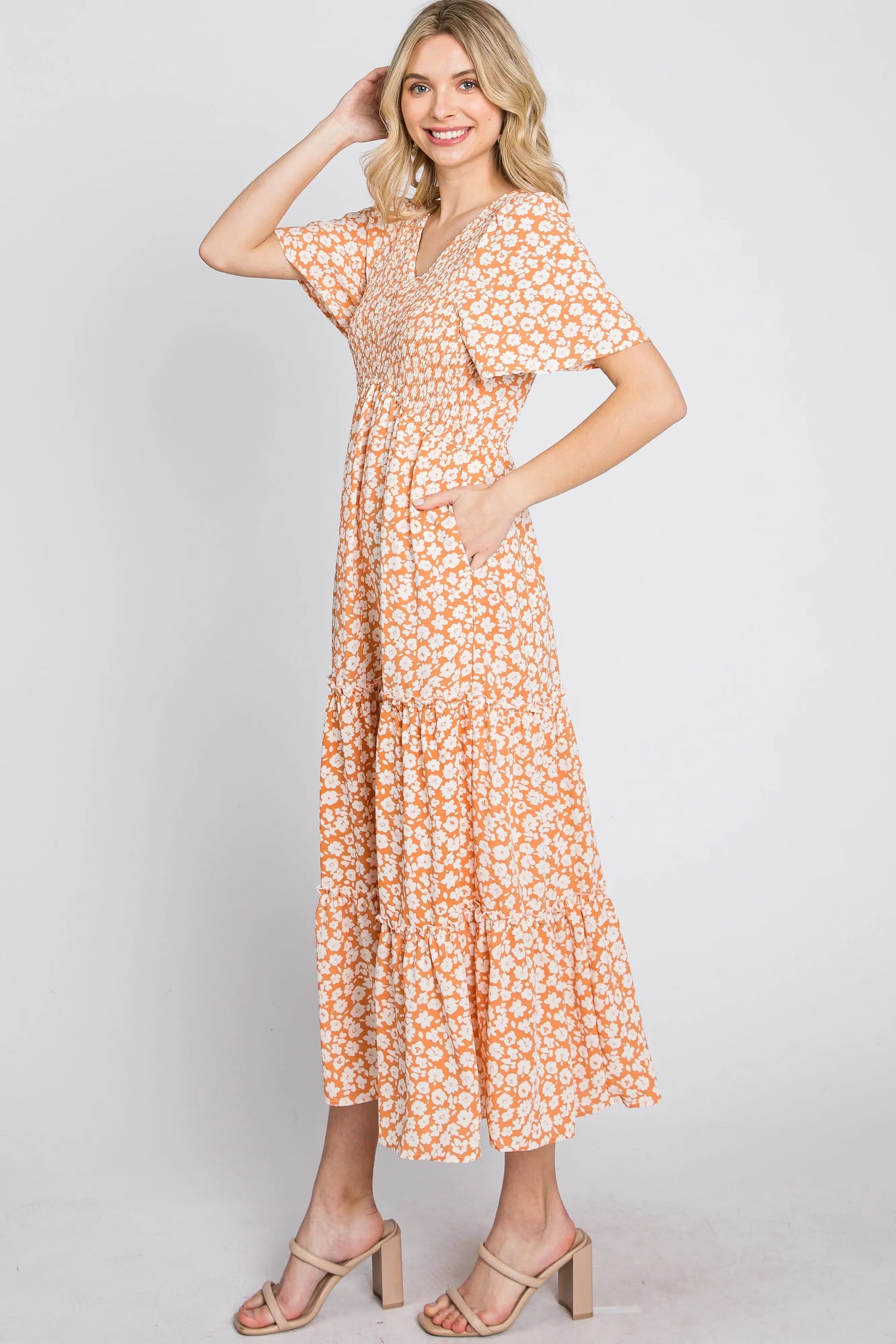 PinkBlush Peach Floral Tiered Midi Dress - 