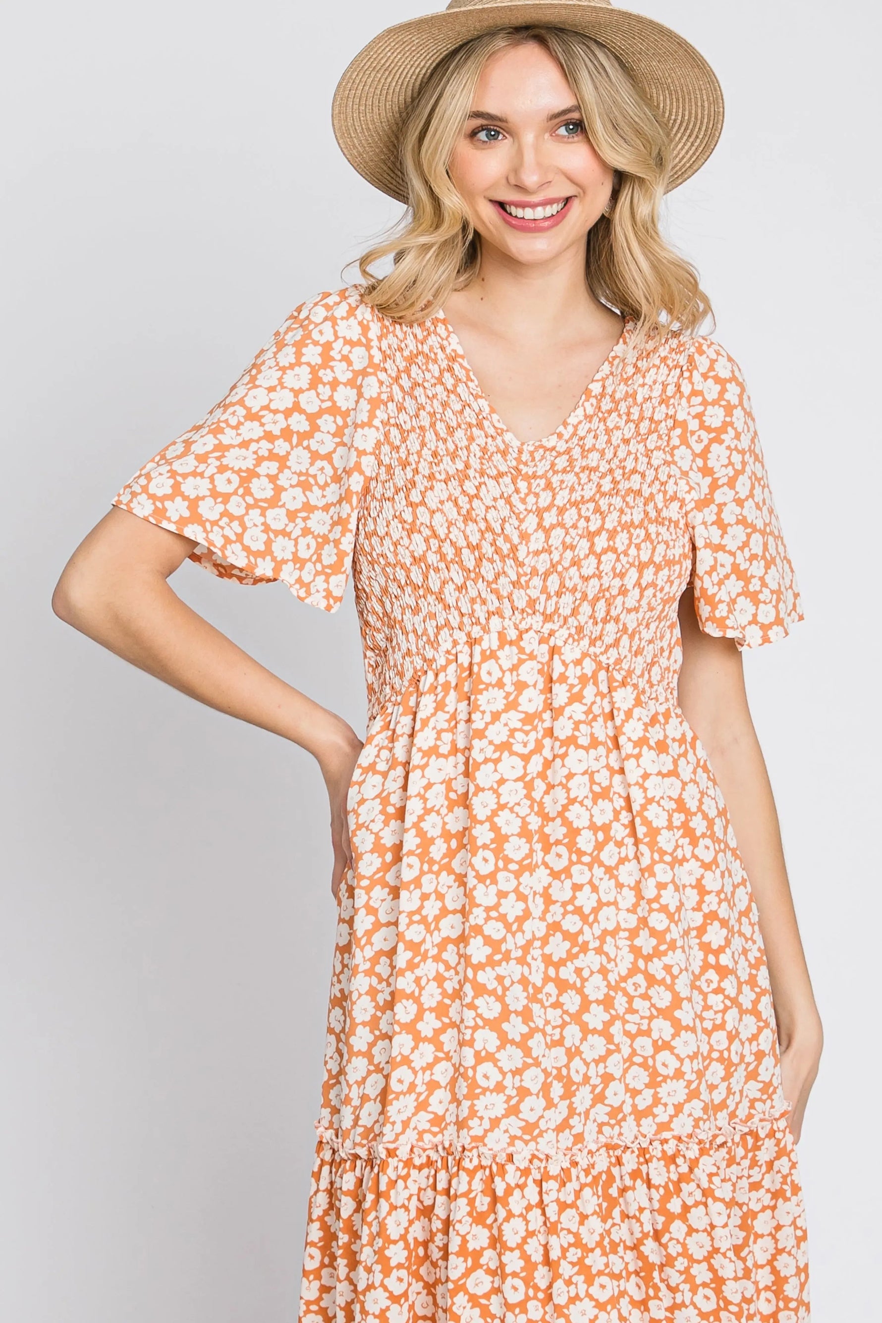PinkBlush Peach Floral Tiered Midi Dress - 