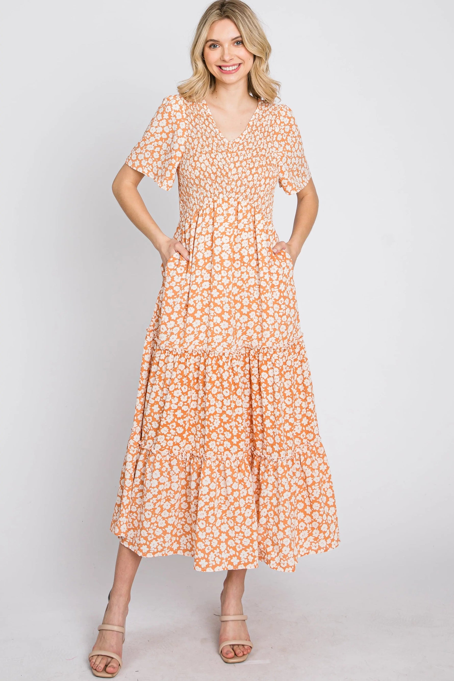 PinkBlush Peach Floral Tiered Midi Dress - 