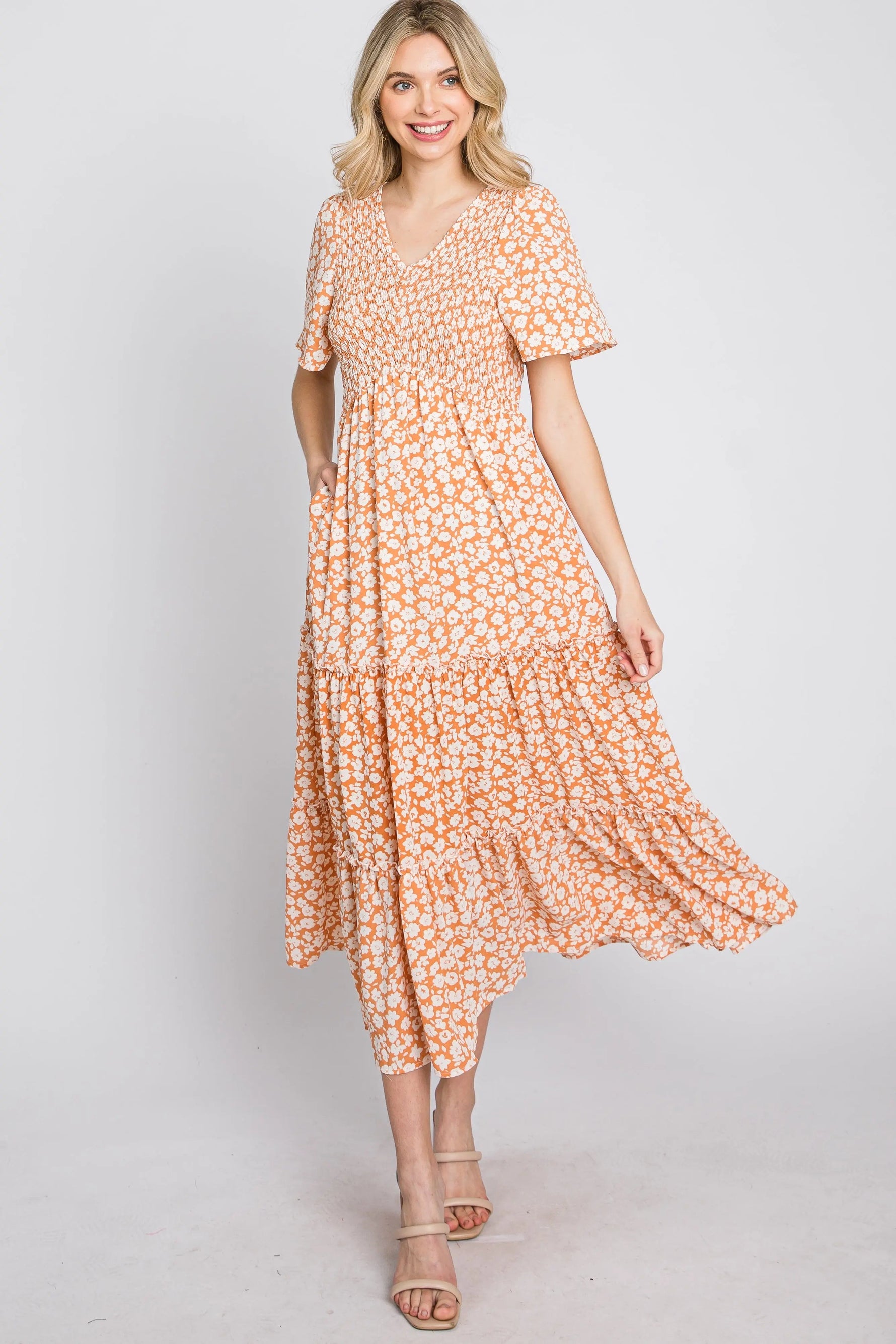 PinkBlush Peach Floral Tiered Midi Dress - 