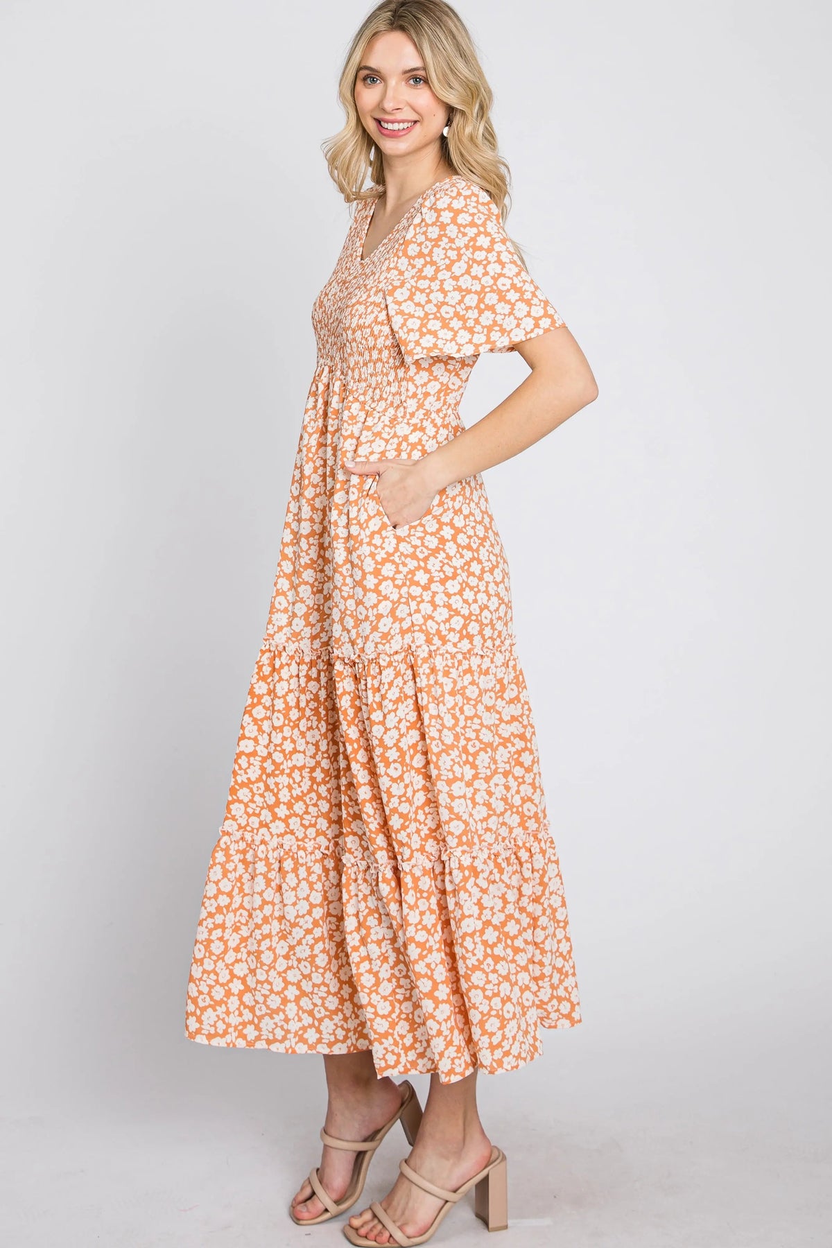 PinkBlush Peach Floral Tiered Midi Dress - 