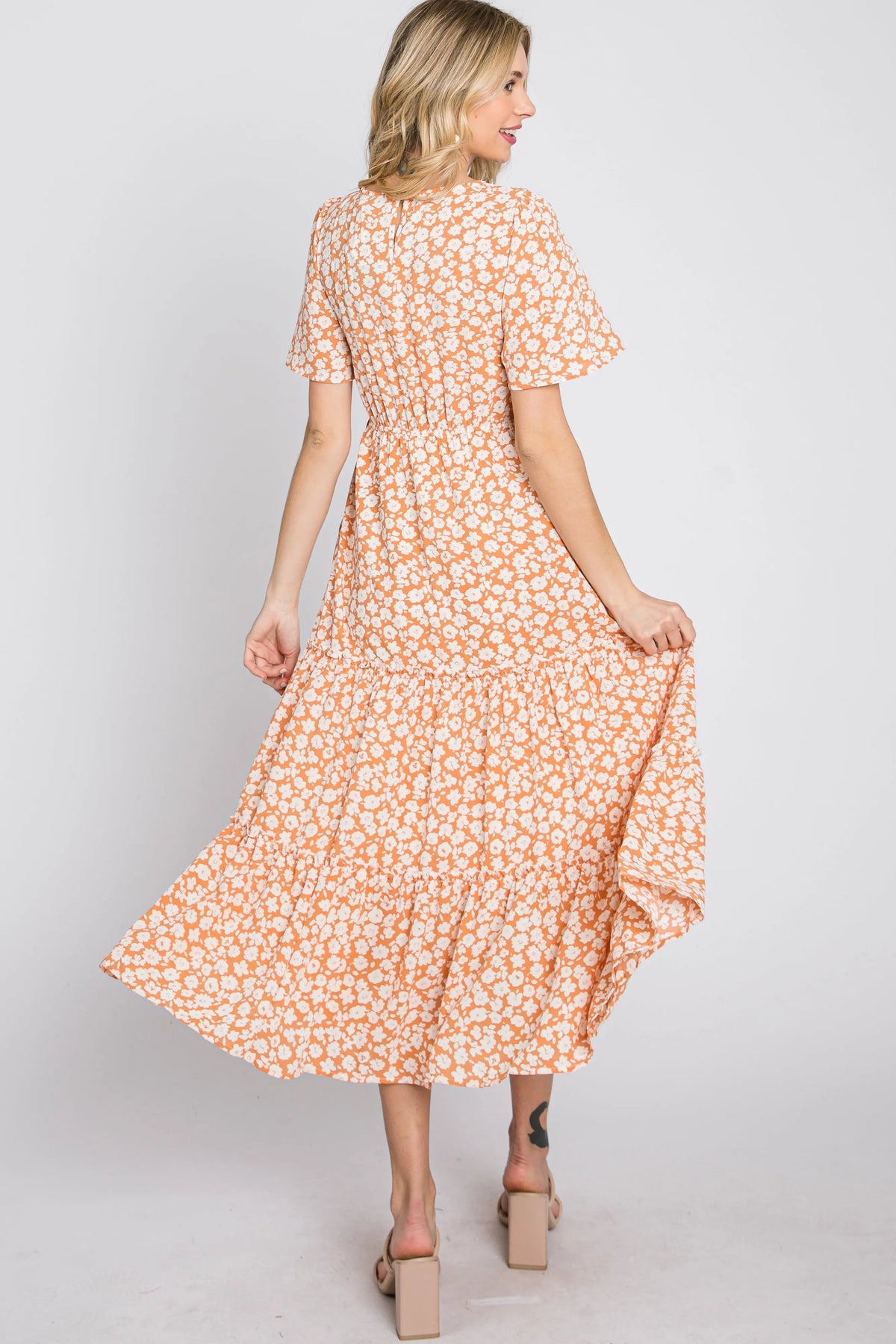 PinkBlush Peach Floral Tiered Midi Dress - 