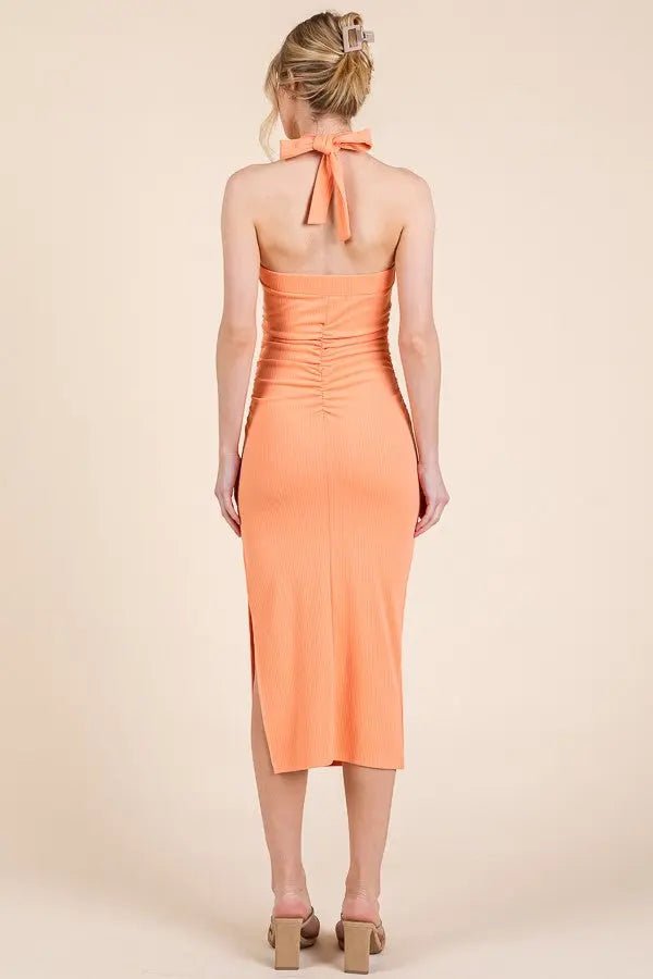 PinkBlush Peach Halter Tied Criss - Cross Ribbed Midi Dress - 