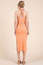 PinkBlush Peach Halter Tied Criss - Cross Ribbed Midi Dress - 