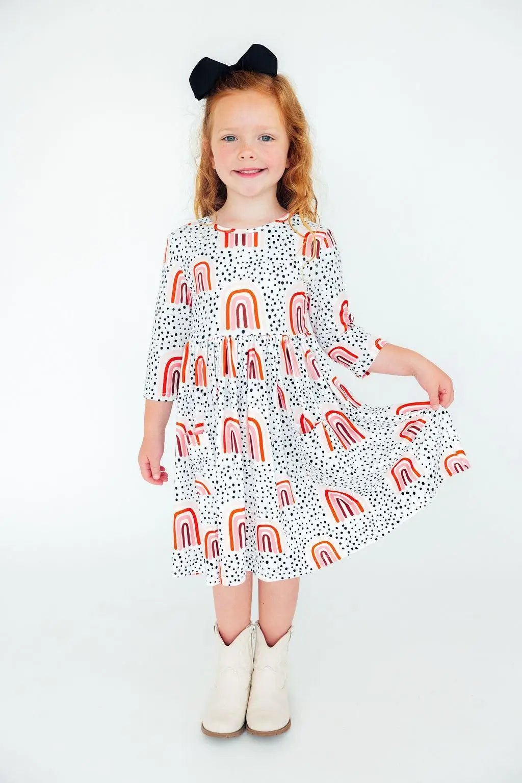 Mila & Rose ® Peach Rainbow 3/4 Sleeve Pocket Twirl Dress - 