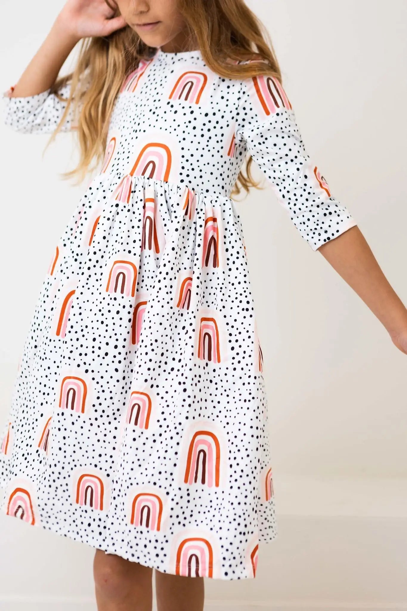 Mila & Rose ® Peach Rainbow 3/4 Sleeve Pocket Twirl Dress - 