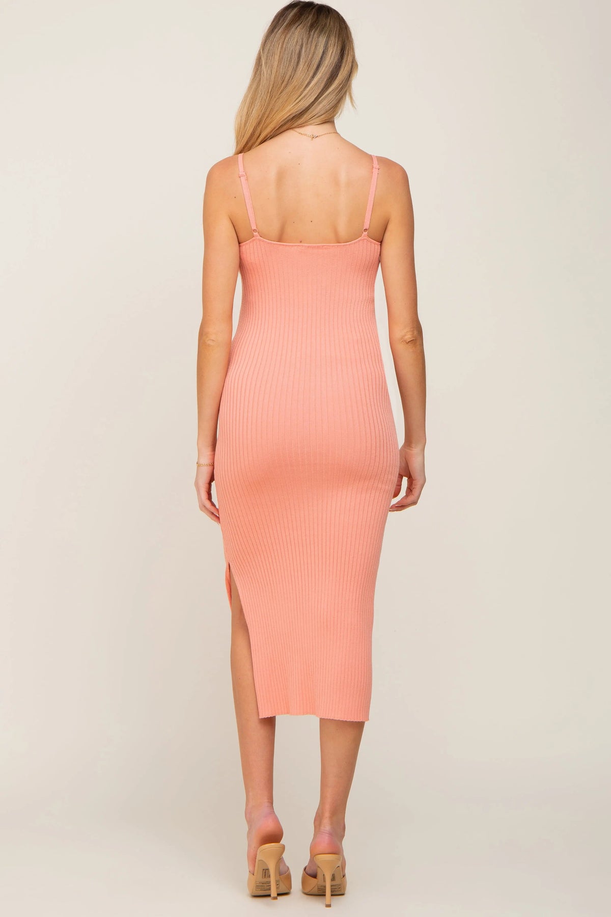 PinkBlush Peach Ribbed Knit Side Slit Maternity Midi Dress - 