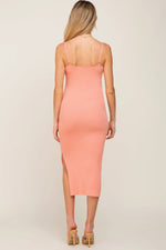 PinkBlush Peach Ribbed Knit Side Slit Maternity Midi Dress - 